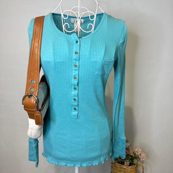 Cute vintage y2k blue henley thermal button up long sleeve grunge top - Picture 4 of 6